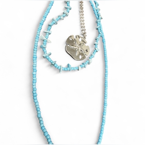 Boho Silver-Tone Sand Dollar and Turquoise Beaded Layered Necklace - Picture 2 of 5